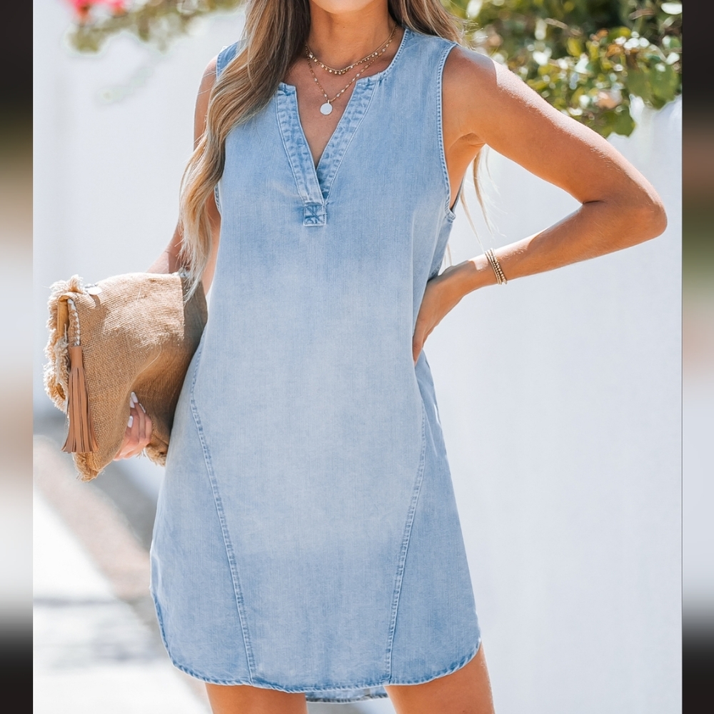 Denim V-Neck Mini Dress